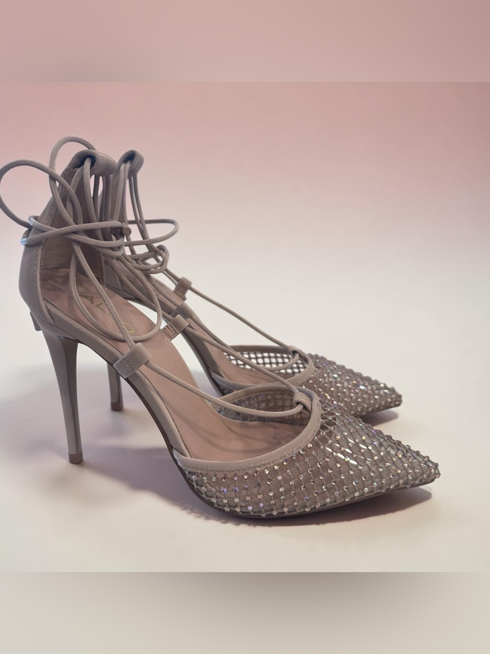 Aldo Taupe Crystal Lace-Up Pointed-Toe Stilettos